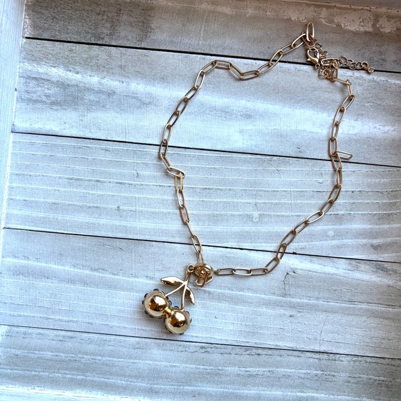 Gold Tone Cherry Pendant Necklace Rhinestone Fruit Charm - Picture 3 of 4
